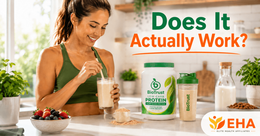 Woman preparing a BioTrust Low Carb Protein shake in a bright kitchen with protein powder, berries, almonds, and the question “Does It Actually Work?”