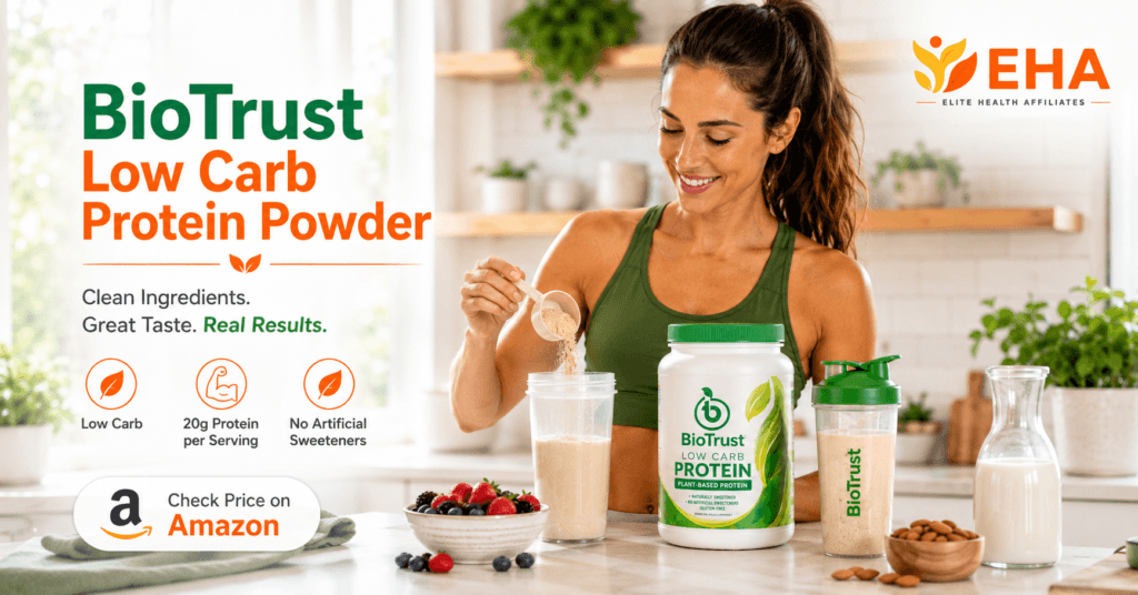 Woman preparing a BioTrust Low Carb Protein Powder shake in a bright kitchen with berries, almonds, and an Amazon price-check call to action