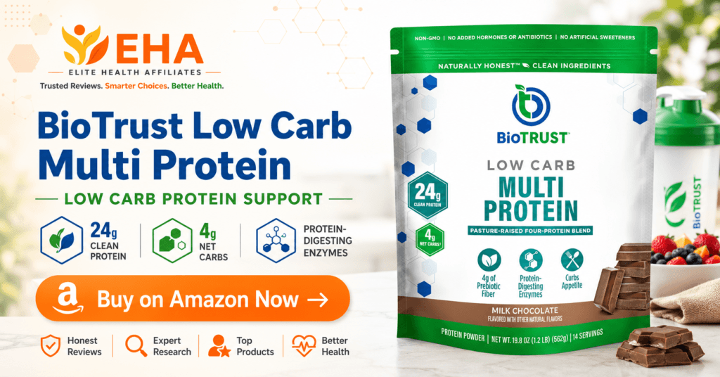 BioTrust Low Carb Multi Protein milk chocolate pouch with 24 grams of protein, 4 grams of net carbs, and a Buy on Amazon Now call to action