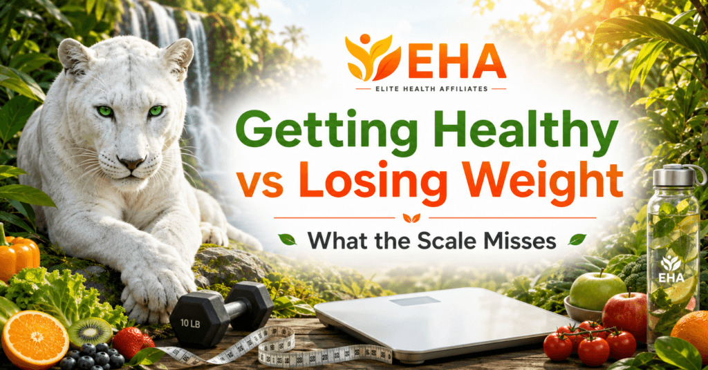 EHA-branded image with a white panther, scale, measuring tape, dumbbell, water bottle, and fresh produce representing health beyond weight loss