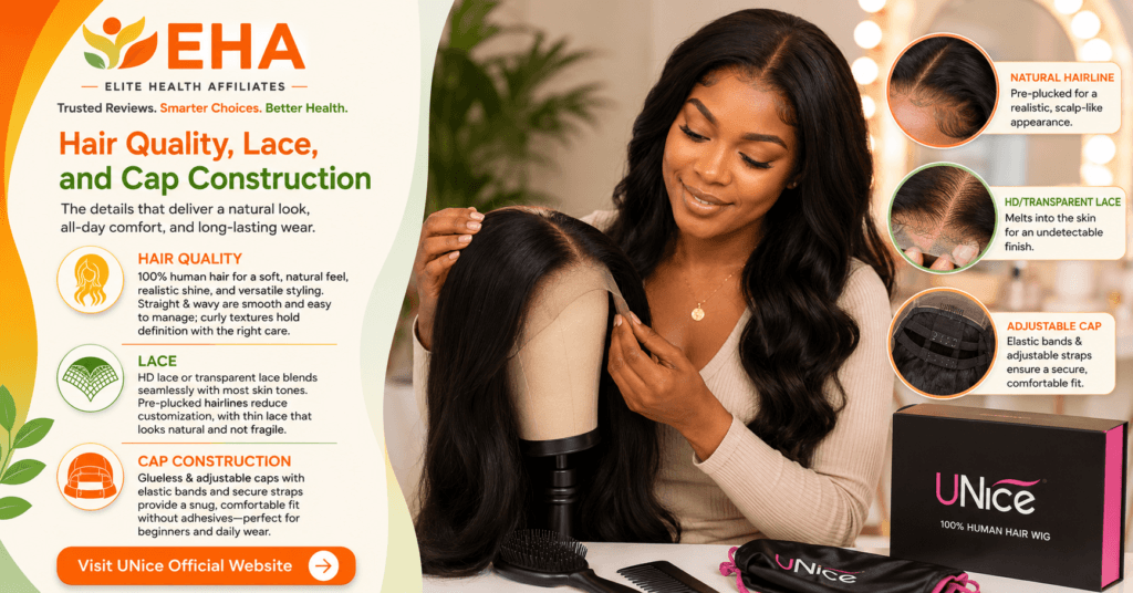 Woman examining the lace and cap construction of a UNice human hair wig beside EHA branding, feature callouts, and a “Visit UNice Official Website” call to action.