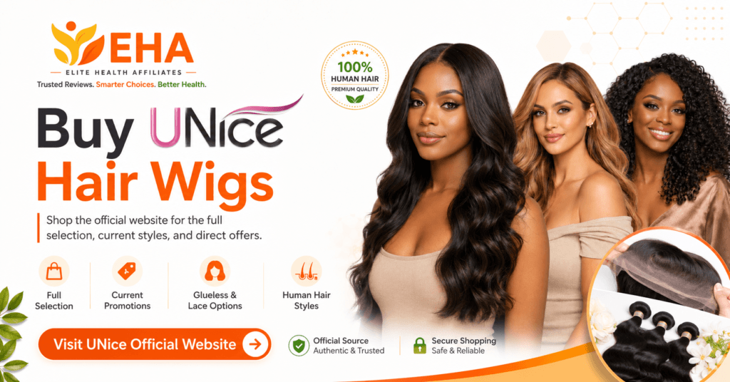 Three women wearing straight, wavy, and curly UNice human hair wigs beside EHA branding and a strong “Visit UNice Official Website” call to action.