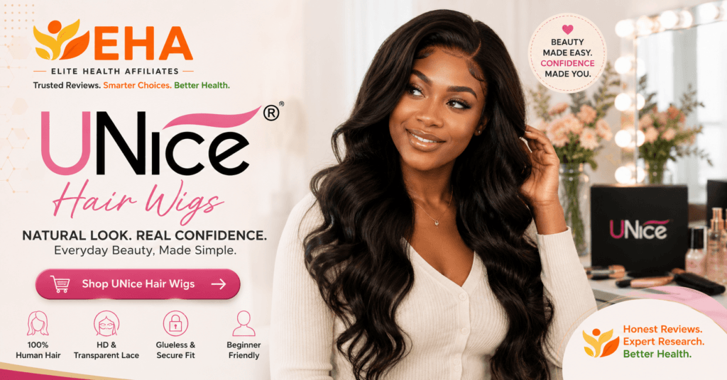 Woman wearing a long, wavy UNice human hair wig beside EHA branding, product benefits, and a soft “Shop UNice Hair Wigs” call to action.