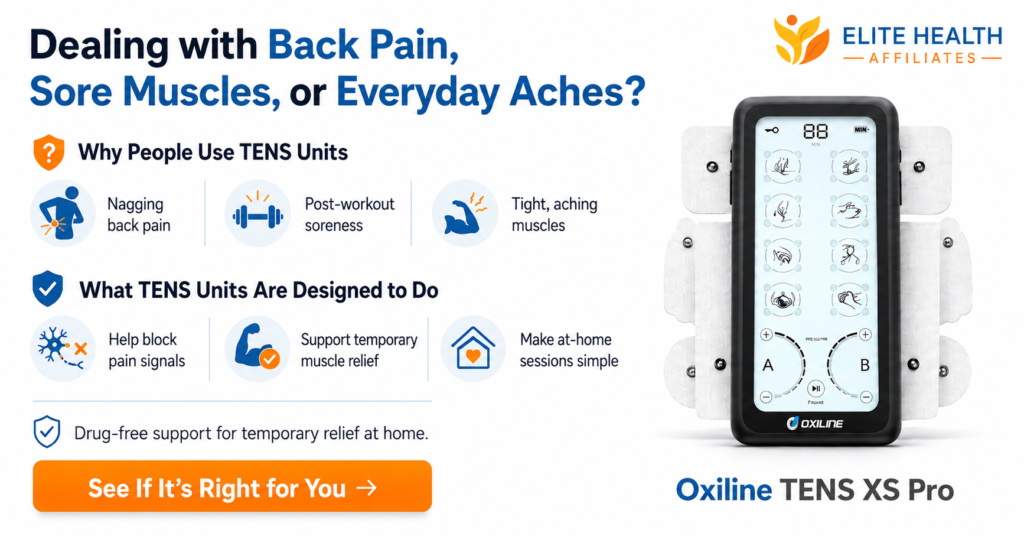 Oxiline TENS XS Pro infographic showing common reasons people use TENS units, including back pain, post-workout soreness, tight muscles, temporary pain relief, and at-home therapy support.