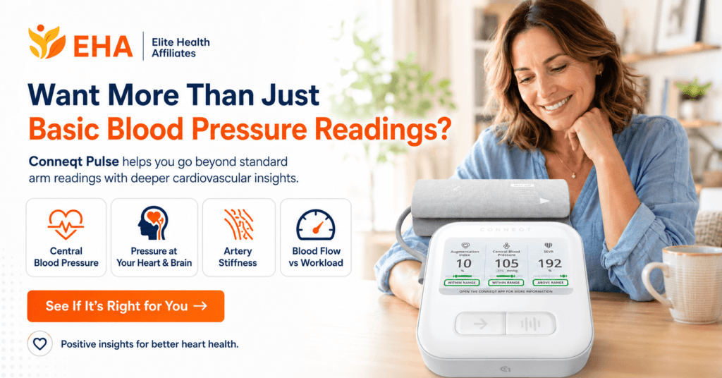 Lifestyle image of a woman using the Conneqt Pulse monitor at home with EHA branding and benefit callouts for central blood pressure, pressure at your heart and brain, artery stiffness, and blood flow vs workload.