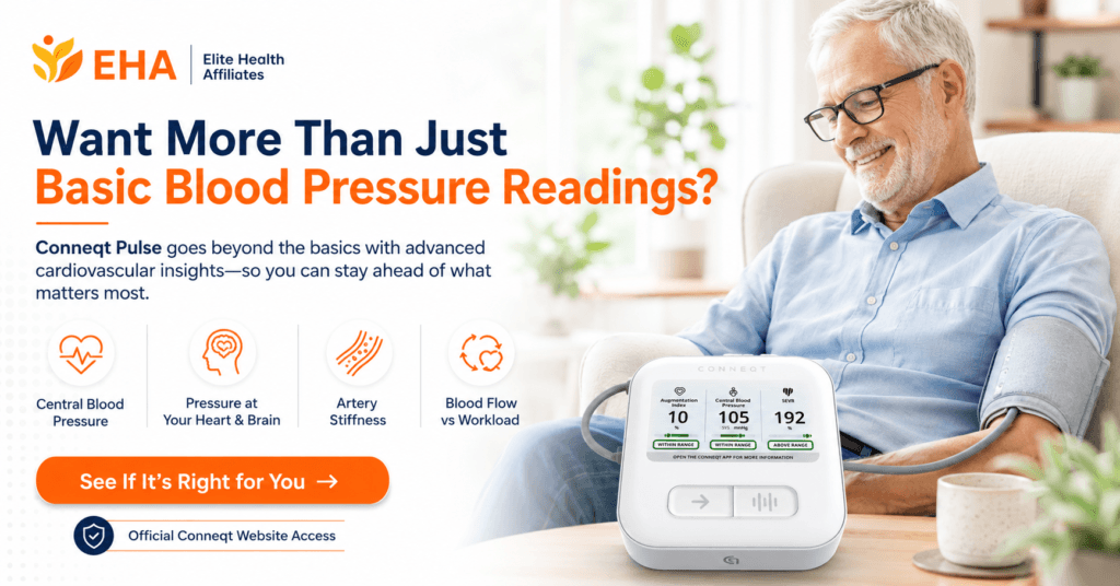 Lifestyle image of a man using the Conneqt Pulse monitor at home with EHA branding, benefit icons, and messaging about going beyond basic blood pressure readings with deeper cardiovascular insights.