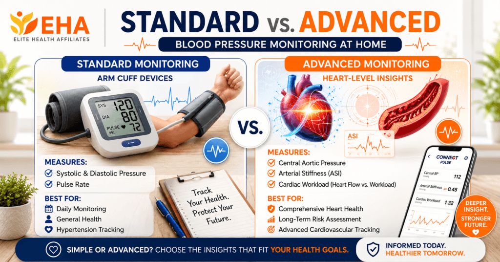 EHA-branded infographic comparing standard vs advanced blood pressure monitoring at home, showing standard arm cuff readings beside advanced cardiovascular insights like central pressure, arterial stiffness, and cardiac workload.