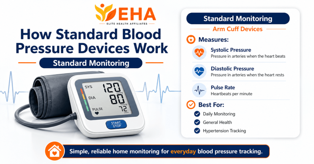 EHA-branded infographic explaining how standard blood pressure devices work, showing an upper-arm cuff monitor with systolic pressure, diastolic pressure, pulse rate, and best uses for everyday home tracking.