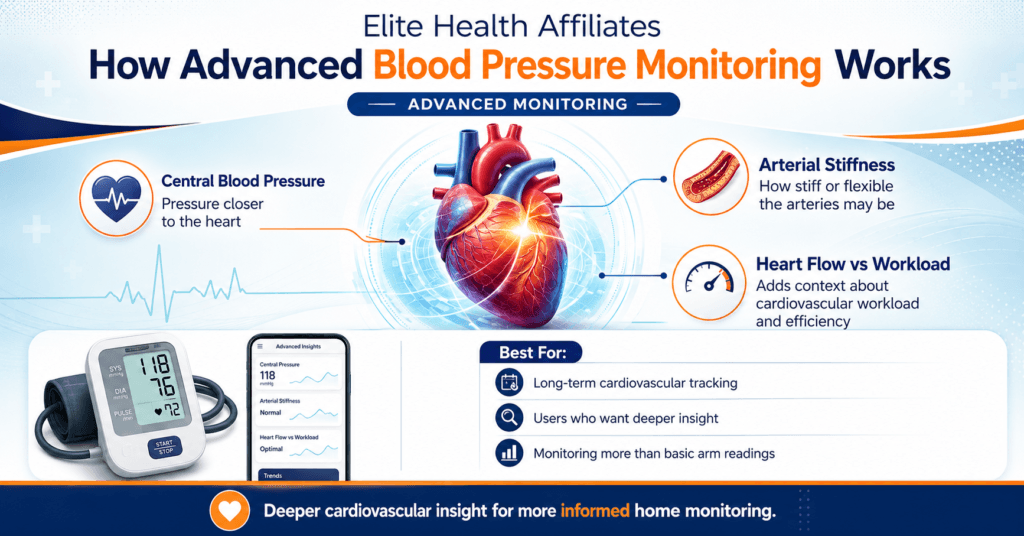 EHA-branded infographic explaining how advanced blood pressure monitoring works, highlighting central blood pressure, arterial stiffness, heart flow vs workload, and deeper cardiovascular insights for home tracking.