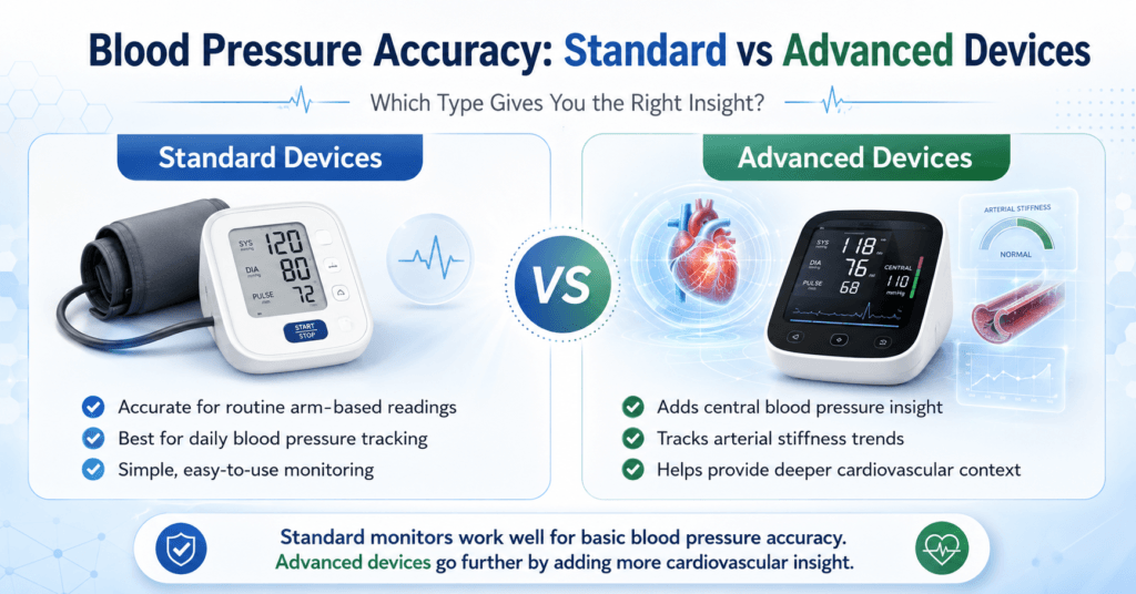 Blood pressure accuracy comparison infographic showing standard devices for routine arm-based readings and advanced devices for central blood pressure, arterial stiffness trends, and deeper cardiovascular insight.