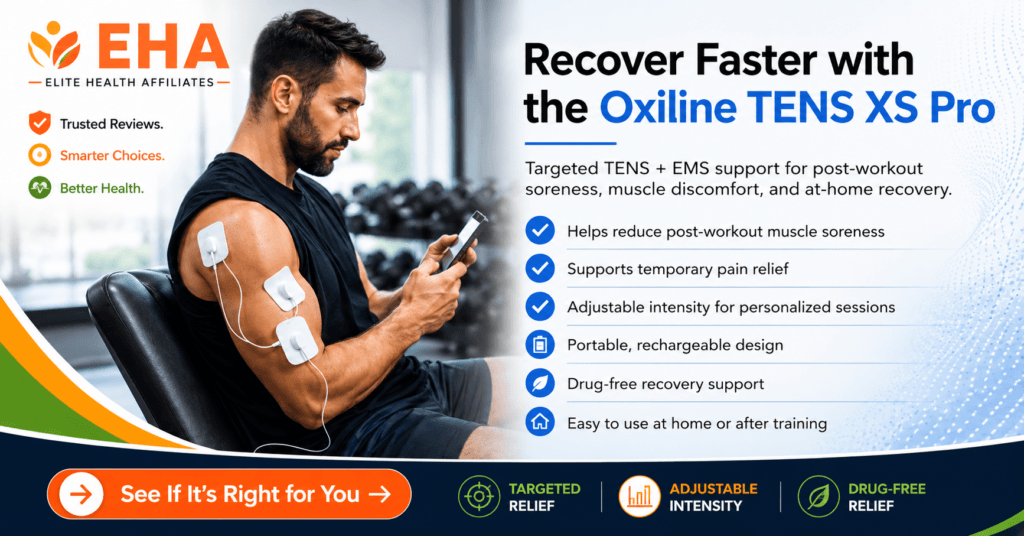 EHA-branded image of a man using the Oxiline TENS XS Pro during a workout recovery session, with electrode pads on his arm and a clean, bright layout highlighting targeted, adjustable, drug-free relief for muscle soreness and at-home recovery.