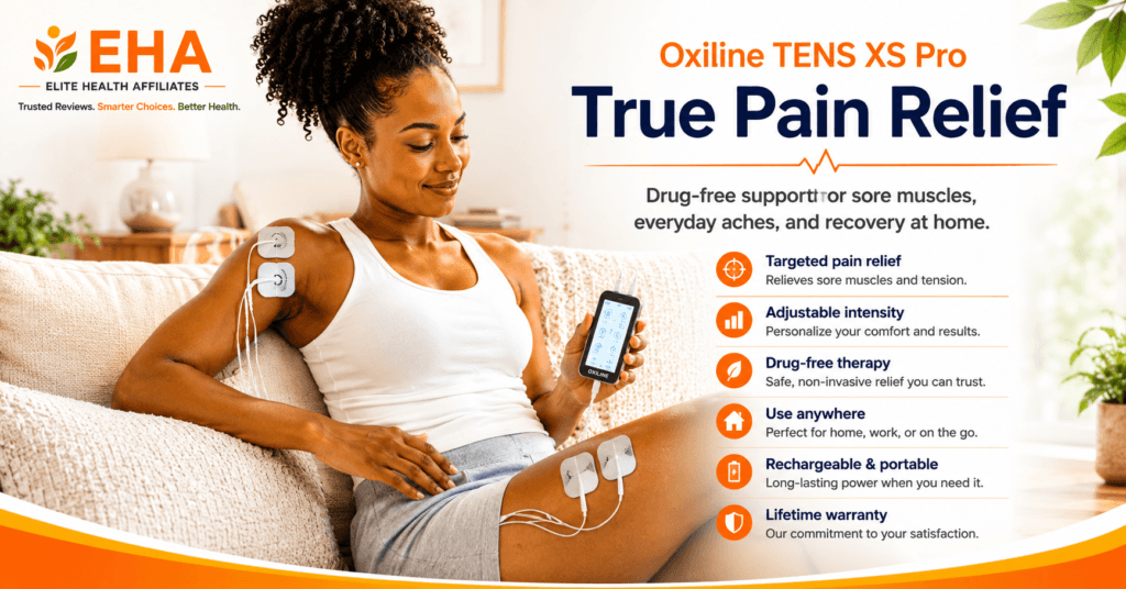 EHA-branded image of a woman relaxing on a couch while using the Oxiline TENS XS Pro on her shoulder and leg, highlighting true, drug-free pain relief at home with a bright, clean, wellness-focused design