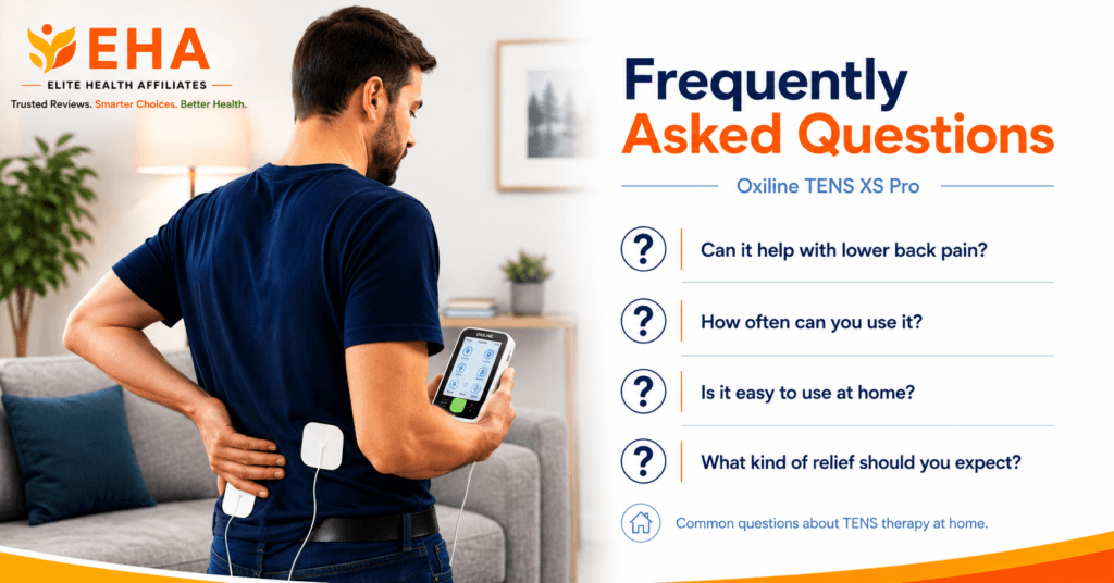 EHA-branded FAQ image showing a man using the Oxiline TENS XS Pro at home for lower back pain relief, with a clean layout highlighting common questions about usage, effectiveness, and at-home comfort.