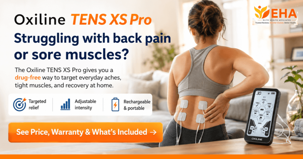 EHA-branded image of a woman using the Oxiline TENS XS Pro for back pain relief at home, with electrode pads on her lower back and a clean layout highlighting targeted, drug-free muscle relief and recovery.