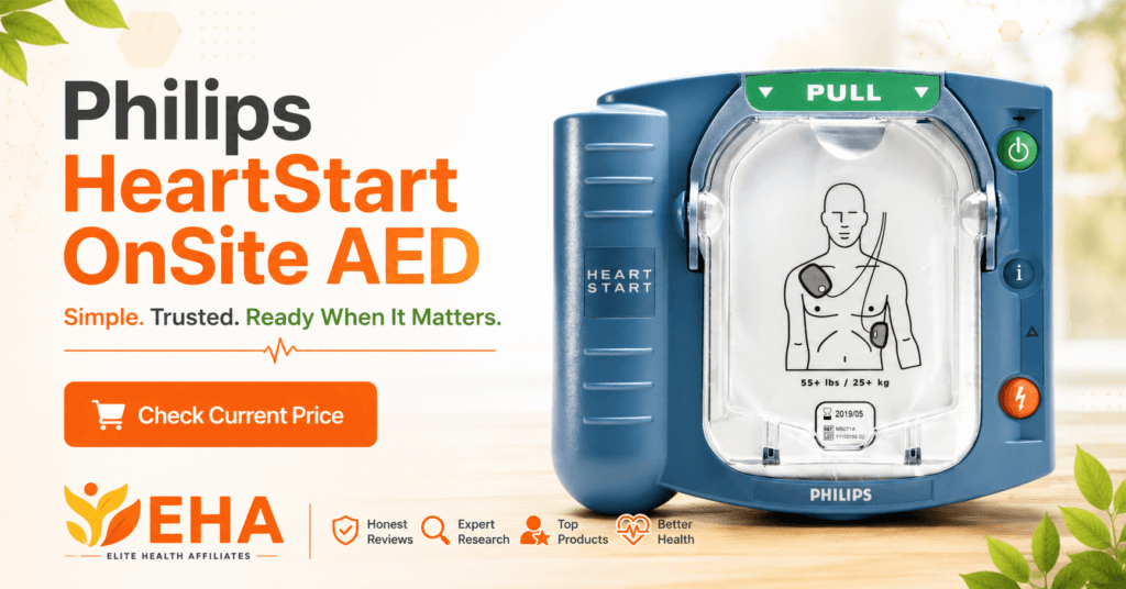Philips HeartStart OnSite AED with EHA branding and a “Check Current Price” call to action.