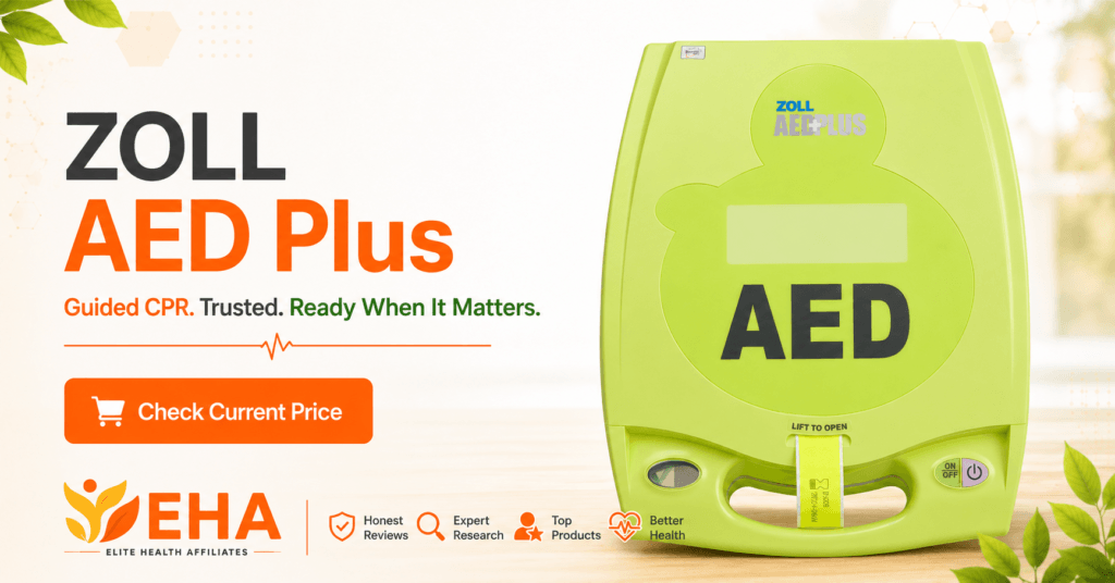 ZOLL AED Plus portable defibrillator with EHA branding and a “Check Current Price” call to action.