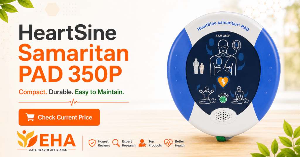 HeartSine Samaritan PAD 350P portable AED with EHA branding and a “Check Current Price” call to action.