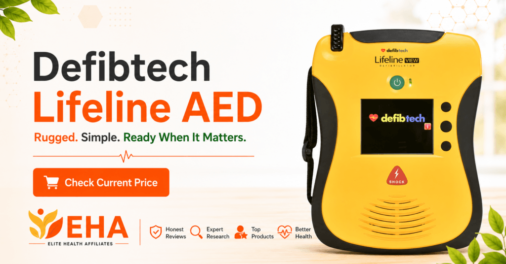 Defibtech Lifeline AED portable defibrillator with EHA branding and a “Check Current Price” call to action.