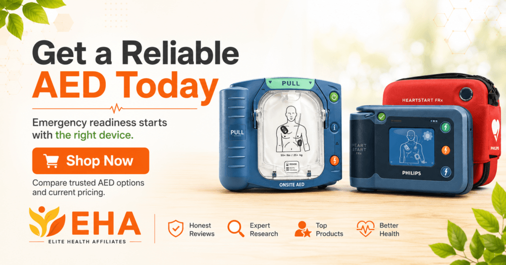 Portable Philips AED devices with EHA branding and a “Shop Now” call to action.