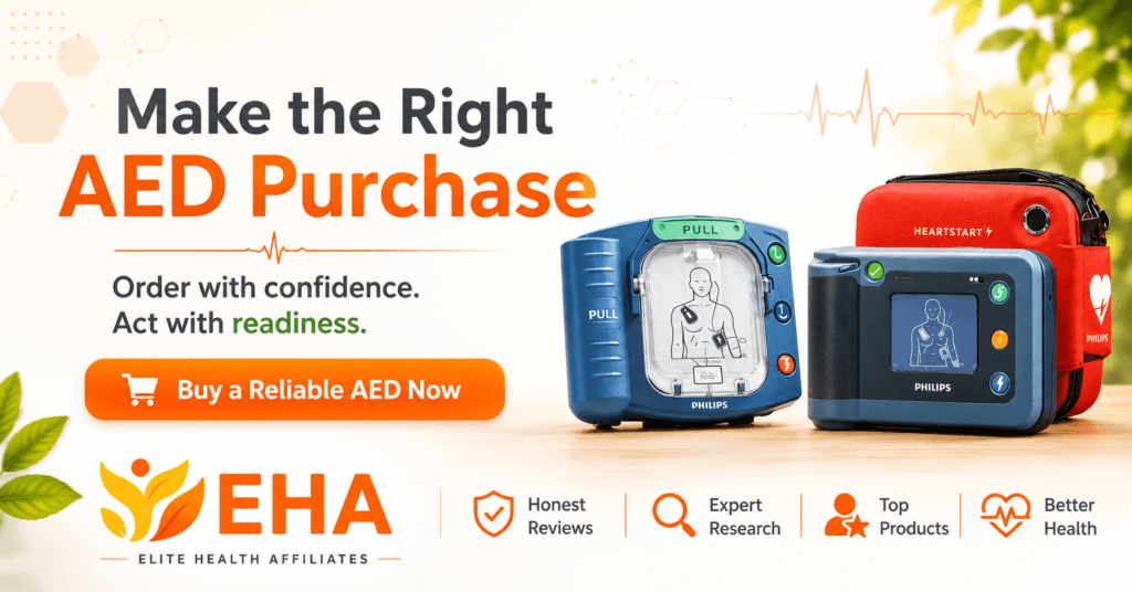 Philips portable AED devices with EHA branding and a call to buy through the HeartSmart official website.