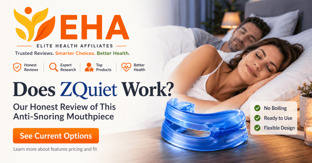 EHA-branded ZQuiet review image showing a couple sleeping beside the anti-snoring mouthpiece with a soft CTA