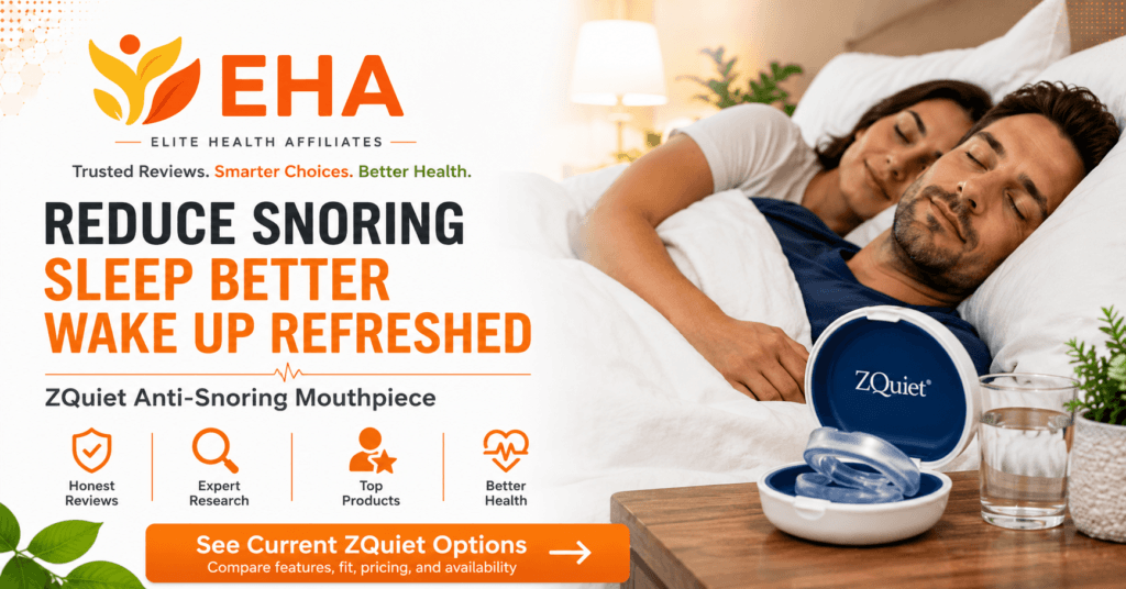 EHA-branded ZQuiet image showing a sleeping couple, the anti-snoring mouthpiece, and a soft CTA to compare current options
