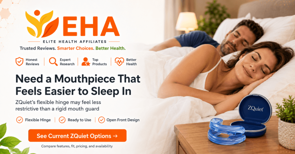 EHA-branded image showing a couple sleeping beside the ZQuiet mouthpiece with a soft CTA to compare current options