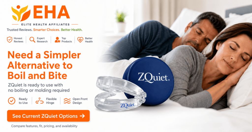 EHA-branded image showing a sleeping couple beside the ZQuiet mouthpiece with a ready-to-use, no-boil alternative message and soft CTA
