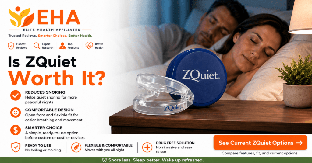 EHA-branded ZQuiet image asking whether the anti-snoring mouthpiece is worth it, with a sleeping couple, product case, key benefits, and a soft CTA to view current options