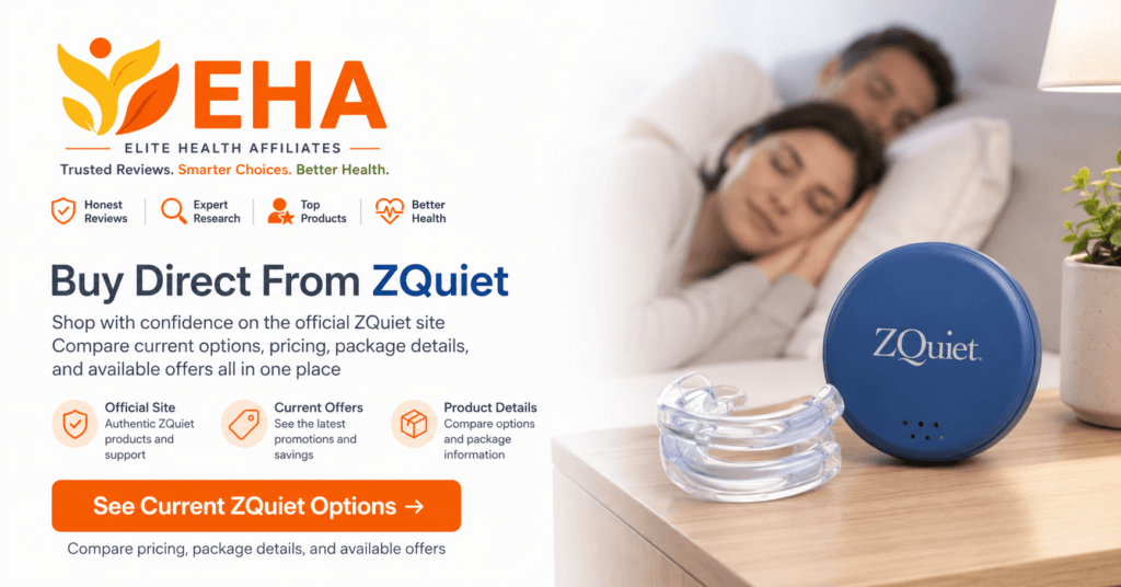 EHA-branded buy-direct image showing the ZQuiet mouthpiece and case beside a sleeping couple with a CTA to view current official-site options