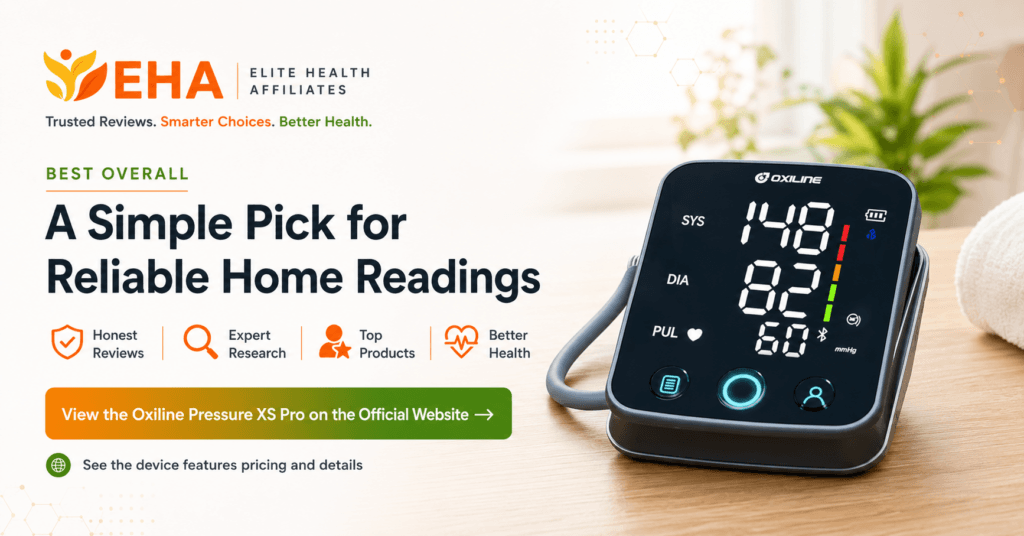 EHA Best Overall image featuring the Oxiline Pressure XS Pro blood pressure monitor with a soft CTA to view the device on the official website.