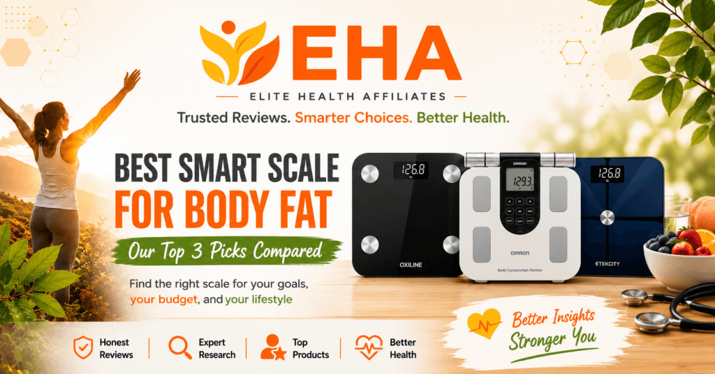 EHA comparison image featuring Oxiline, Omron, and Etekcity smart scales for body fat tracking, with warm wellness branding and lifestyle imagery