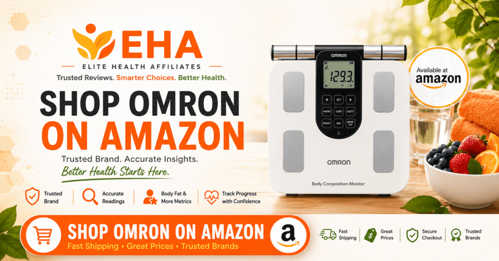 Omron body composition monitor featured with EHA branding and a call to shop for it on Amazon