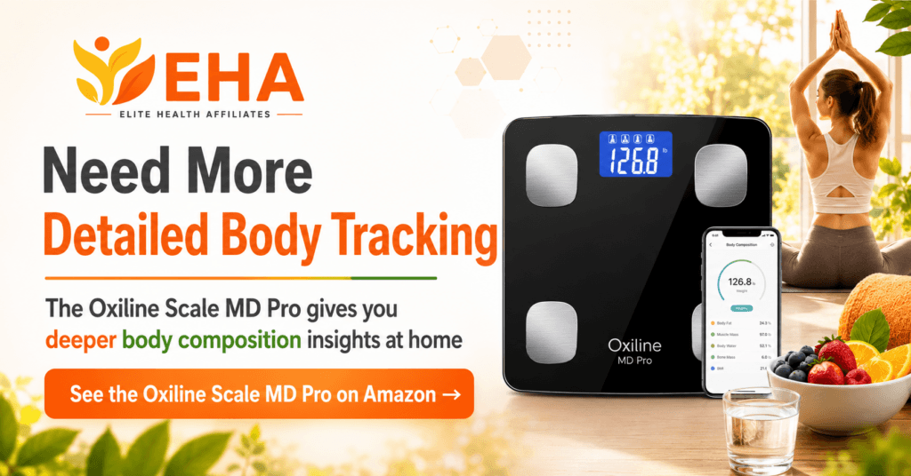 Oxiline Scale MD Pro smart scale with EHA branding and a call to view it on Amazon for more detailed body composition tracking