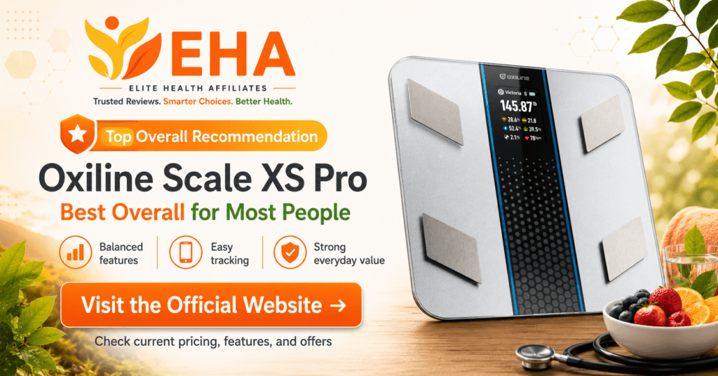 Oxiline Scale XS Pro highlighted as EHA’s top overall smart scale recommendation, with a call to visit the official website.