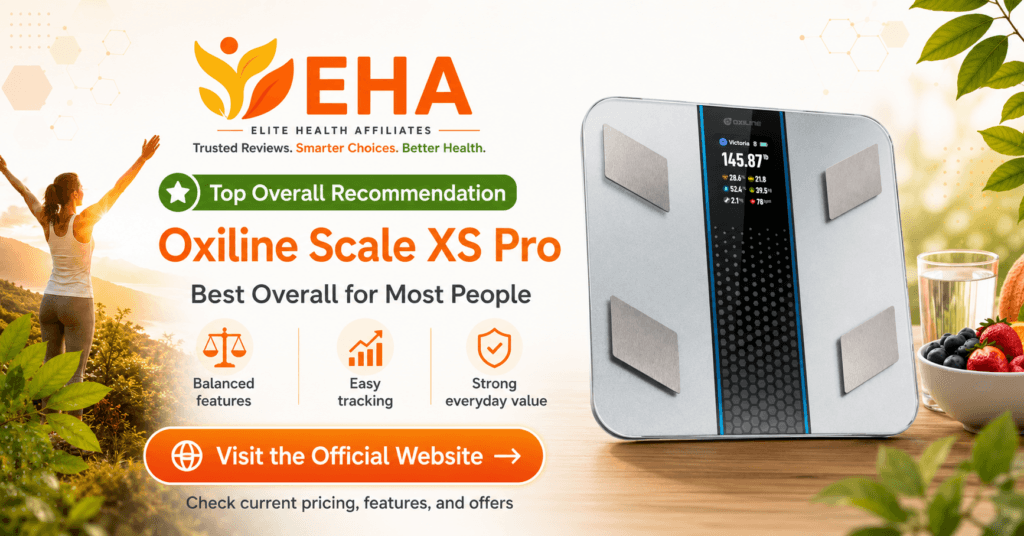 Oxiline Scale XS Pro highlighted as EHA’s top overall smart scale recommendation with a call to visit the official website