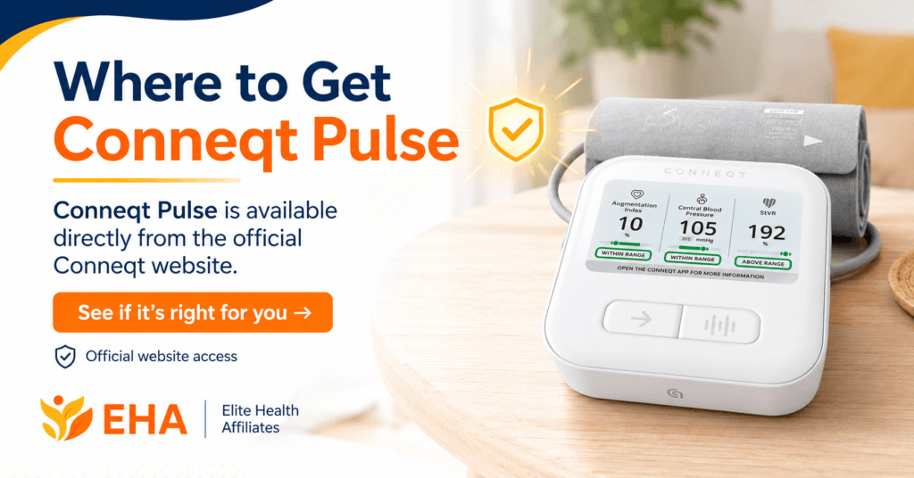 Where to Get Conneqt Pulse image showing the monitor on a table with EHA branding, official website messaging, and a soft call to action to see if it’s right for you.