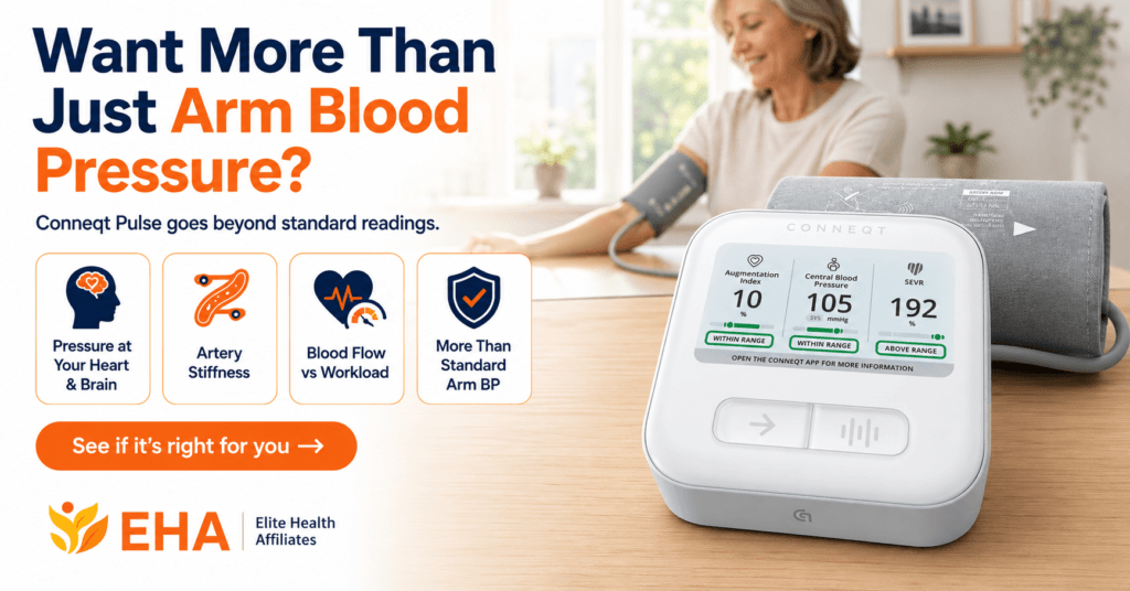 Lifestyle image of the Conneqt Pulse advanced blood pressure monitor with EHA branding, highlighting benefits beyond standard arm blood pressure including heart and brain pressure, artery stiffness, and blood flow vs workload.