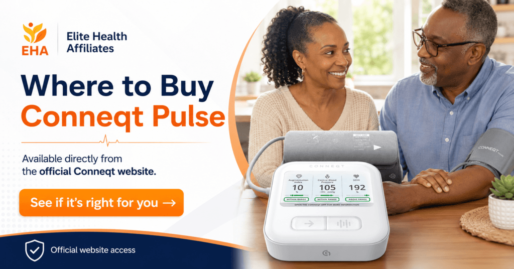 Where to Buy Conneqt Pulse lifestyle image showing the Conneqt Pulse device, EHA branding, official website messaging, and a soft call to action beside a couple using the monitor at home.