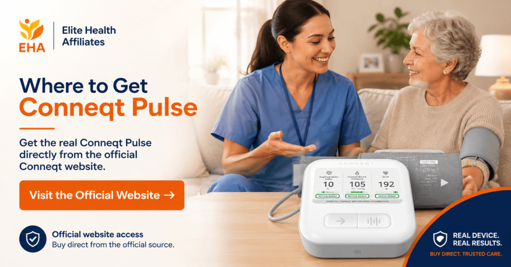Where to Get Conneqt Pulse lifestyle image showing a nurse with an older woman, the Conneqt Pulse device on a table, EHA branding, official website messaging, and a strong call to action to visit the official website.