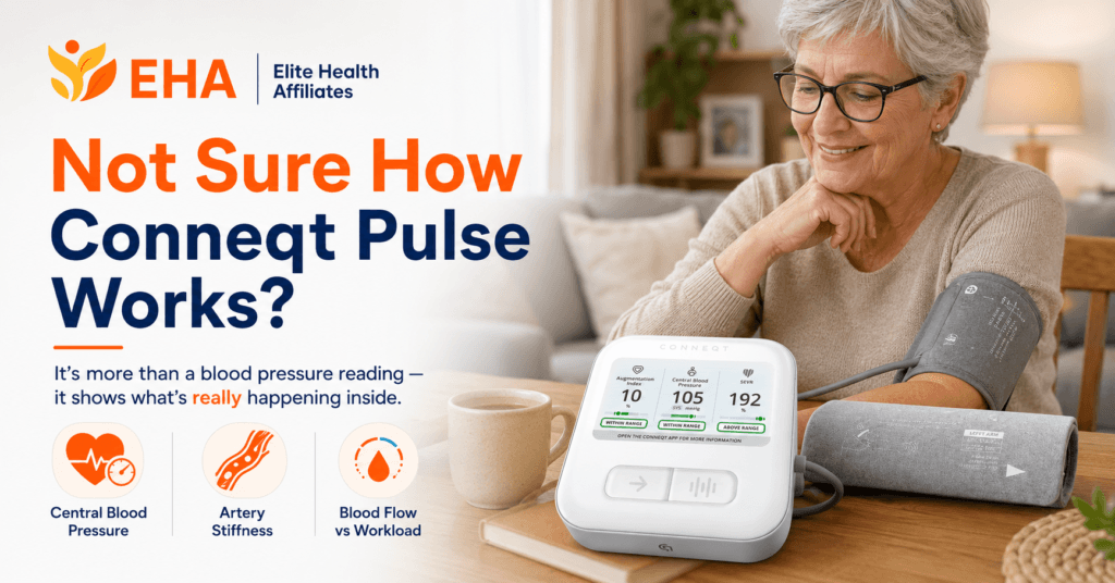 Lifestyle image of an older woman using the Conneqt Pulse monitor at home with EHA branding, a question-style hook about how Conneqt Pulse works, and feature callouts for central blood pressure, artery stiffness, and blood flow vs workload.