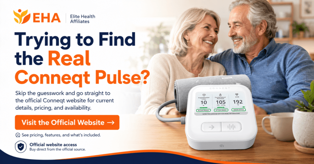 Lifestyle image of a smiling couple with the Conneqt Pulse monitor on a table, EHA branding, and a strong call to action to visit the official website for pricing, features, and availability.