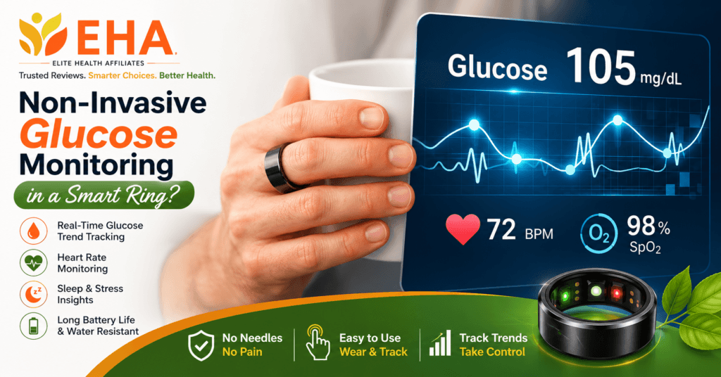 Person wearing the RIZZ Ring while viewing real-time glucose trends on a digital dashboard, illustrating non-invasive blood glucose monitoring with heart rate, oxygen, sleep, and wellness tracking in an Elite Health Affiliates branded graphic.