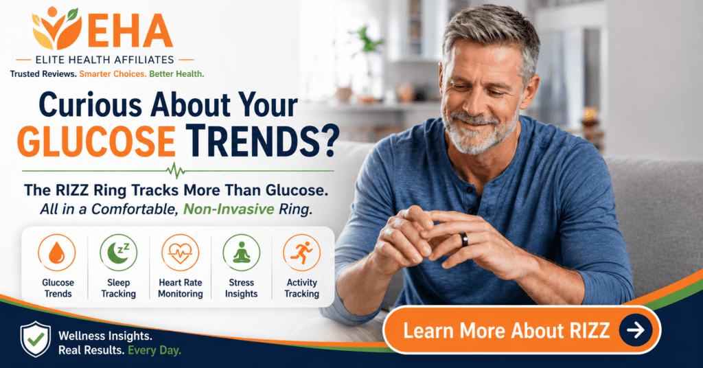 Person wearing the RIZZ Ring while reviewing health insights, highlighting non-invasive glucose trend tracking alongside sleep, heart rate, stress, and activity monitoring in a comfortable smart ring design.