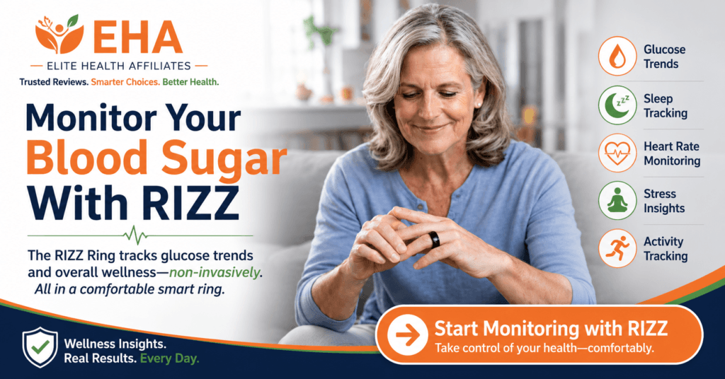 Woman wearing the RIZZ Ring while reviewing glucose trends and wellness data, highlighting non-invasive blood sugar monitoring alongside sleep, heart rate, stress, and activity tracking in a comfortable smart ring.