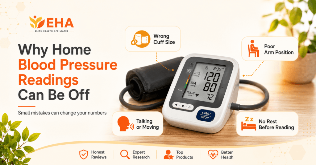 EHA graphic showing common causes of inaccurate home blood pressure readings, including incorrect cuff size, poor arm position, talking or moving, and not resting before testing.