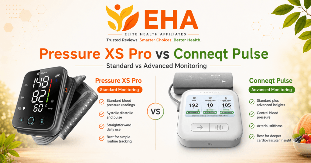 EHA comparison graphic showing the Oxiline Pressure XS Pro for standard blood pressure monitoring and the Conneqt Pulse for central blood pressure, arterial stiffness, and deeper cardiovascular insights.