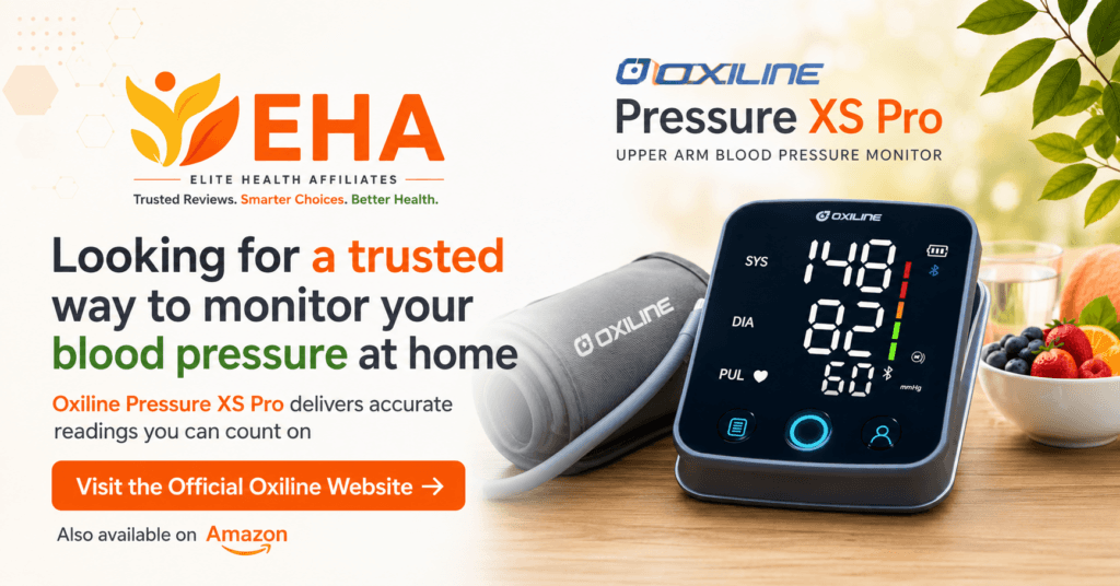 EHA promotional image featuring the Oxiline Pressure XS Pro upper-arm blood pressure monitor, with a call to visit the official Oxiline website and a note that it is also available on Amazon.