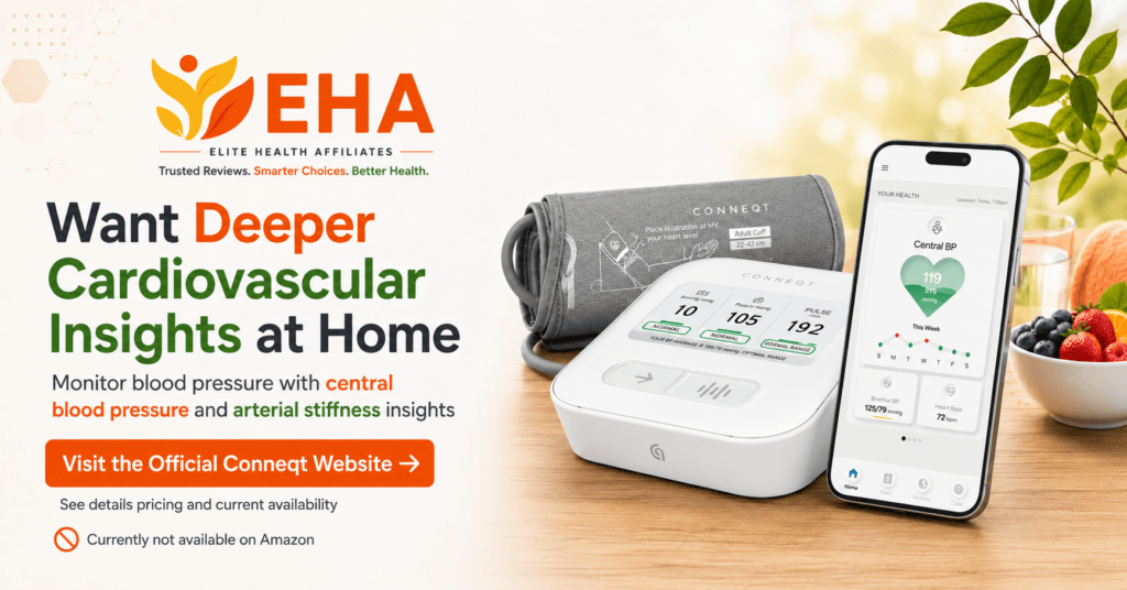 EHA promotional image featuring the Conneqt Pulse with its mobile app for central blood pressure and arterial stiffness insights, available through the official Conneqt website and currently unavailable on Amazon