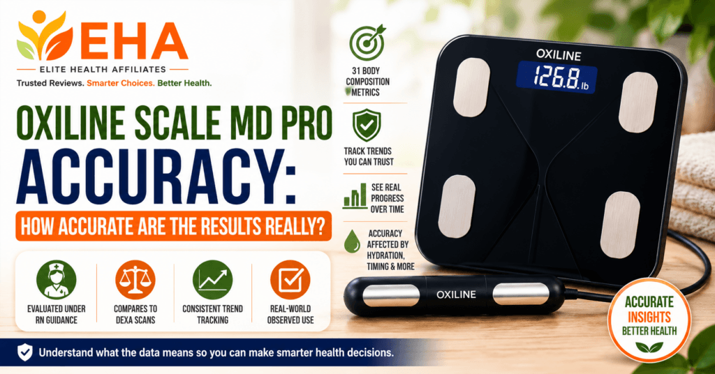 Oxiline Scale MD Pro with handheld sensor in an EHA featured image examining body composition accuracy, RN-guided use, trend tracking, and factors such as hydration and timing